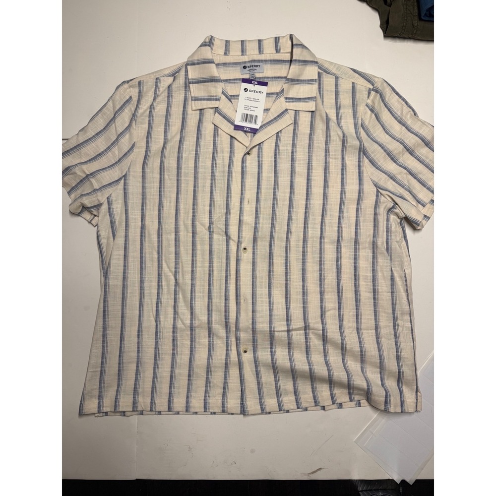 Sperry Mens XXL Blue White Striped Camp Collar Textured Shirt SP712SAM NWT